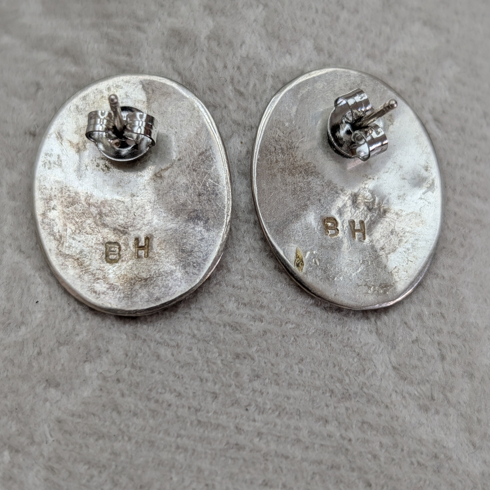 BH Signed Navajo Sterling 925 Red Coral & Abalone Cardinal Mosaic Inlay Earrings - Picture 2 of 8